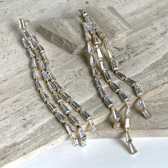New ~ Anthropologie Shashi Cascading Baguette Crystal Fringe Gold Earrings - Picture 1 of 5